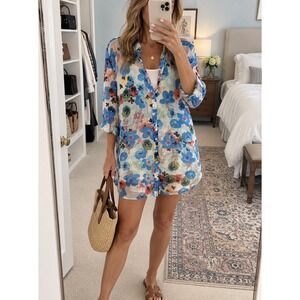 Jackpot Missy Floral Cotton Gauze Button Down Tunic Shirt Blue Size Large (est)
